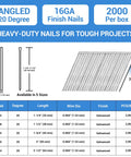 Code Compliant Heavy Duty 16 Gauge Finish Nails 2 Inch Galvanized Steel 20 Degree Angled Glue Collated For Hella Reliable Smooth Shooting Nail Guns Pro Level Trim Work 2000 Pack image showing nail specifications and design.