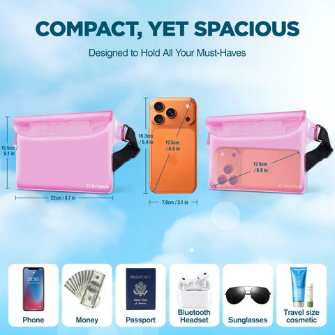 Waterproof Fanny Pack For Women With Sandproof Dry Bag Pouch, pink design, showing dimensions and capacity for phone, passport, and accessories.