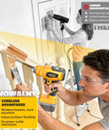 Man using Cordless Heat Gun 20V Battery Compatible, High Power 260W Hot Air Tool for paint removal on staircase