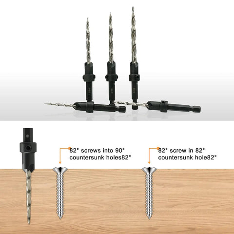 Five Piece Countersink Drill Bit Set For Wood With Sizes 4 6 8 10 12 And A 2.5mm Allen Wrench Plus Free Storage Case shown