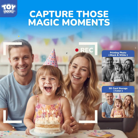 Kids Instant Print Camera For Ages 3 To 12 With 1080P Video Two Point Four Inch Screen Black And White Thermal Printing No Ink Fun Filters Flash Time Lapse Continuous Shoot Sixteen Times Digital Zoom Easy Share And Decorate, family birthday scene