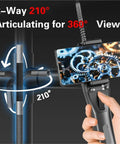 Top Shelf Flexible Borescope Camera Featuring Fully Articulated Twisting Head With Bright LED Lamp For Auto Engine Checks Leak Detection Tight Gap Crawling No Sweat Diagnostic Access For DIY Gearheads And Pro Mechanics showing 210° articulation.