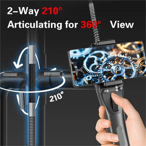 Top Shelf Flexible Borescope Camera Featuring Fully Articulated Twisting Head With Bright LED Lamp For Auto Engine Checks Leak Detection Tight Gap Crawling No Sweat Diagnostic Access For DIY Gearheads And Pro Mechanics showing 210° articulation.