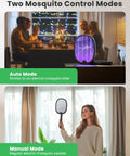 Image showing Foldable Electric Fly Swatter Racket 2 In 1 Mosquito Killer with Purple Attractant Light in auto and manual modes.
