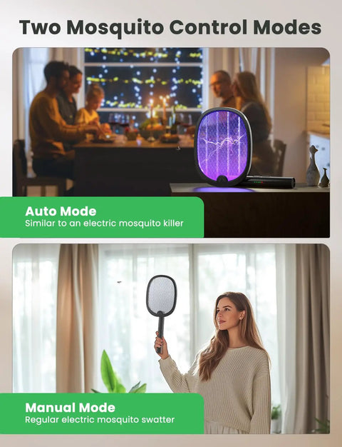 Image showing Foldable Electric Fly Swatter Racket 2 In 1 Mosquito Killer with Purple Attractant Light in auto and manual modes.