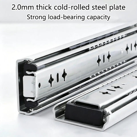 Heavy Duty Drawer Slides With Secure Lock And Full Extension Ball Bearings Side Mount Rails Built Tough For Rv Chests Toolboxes Workbenches And Cabinet Drawers At Fifty Eight Inches Long, showing 2mm thick cold-rolled steel.