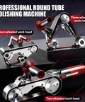 Xoiasth 1100W Metal Tube Belt Sander Steel Pipe Polisher with four and three-wheeled work heads for metal polishing.