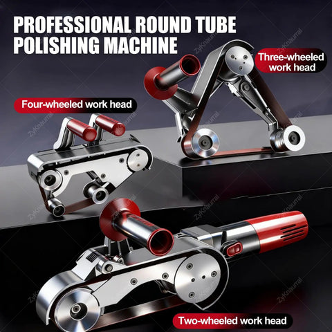 Xoiasth 1100W Metal Tube Belt Sander Steel Pipe Polisher with four and three-wheeled work heads for metal polishing.