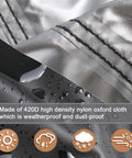 Close-up of waterproof outdoor picnic table cover for kids and toddlers, showing 420D oxford material with water droplets