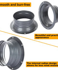 4 Pack 4 Inch Duct Connector Flanges Inlet Fittings Metal Straight Pipe Ventilation Flanges For Heating And Cooling HVAC System Heavy Duty Durable Iron Silvery Gray Finish Easy Install shown from various angles highlighting smooth, burr-free finish and internal design for wind resistance