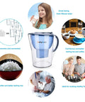 Alkaline Water Filter Pitcher With 3.5 Liter Capacity And 7 Stage Filtration System For Clean Water Includes Two Replacement Filters BPA Free And Easy To Use Improves PH Levels For Everyday Hydration Blue, surrounded by benefits and uses.