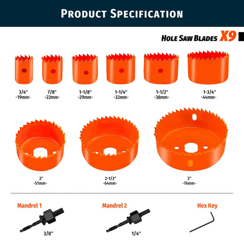 Effortless Hole Saw Kit with nine sizes 19 to 76 mm carbon steel, includes mandrels, drill bits, hex key for wood, drywall, PVC