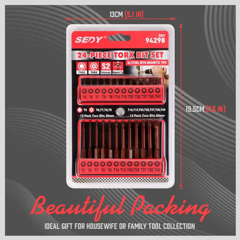 Tamper Proof Torx Screwdriver Bit Set 24 Piece Security Kit with variety of T5 to T40 bits in protective packaging.