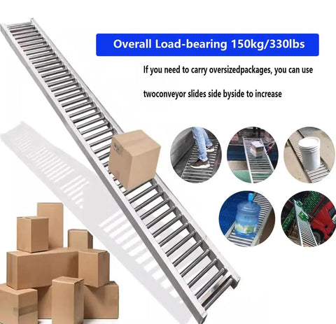 Light-Duty Gravity Roller Conveyor With Rustproof Stainless Steel Build For Warehouse Freight Handling and Portable Unpowered Moving, Supports Up To 330 Pounds Total Load Weight In A Wide 24-Inch By Long 32.8-Foot Config For Easy Logistics Work! showcasing packages moving along a stainless steel roller track.