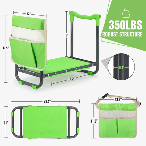 10.2 Inch Wider Soft Pad Garden Kneeler And Seat Heavy Duty Folding Stool for Gardening with measurements and features