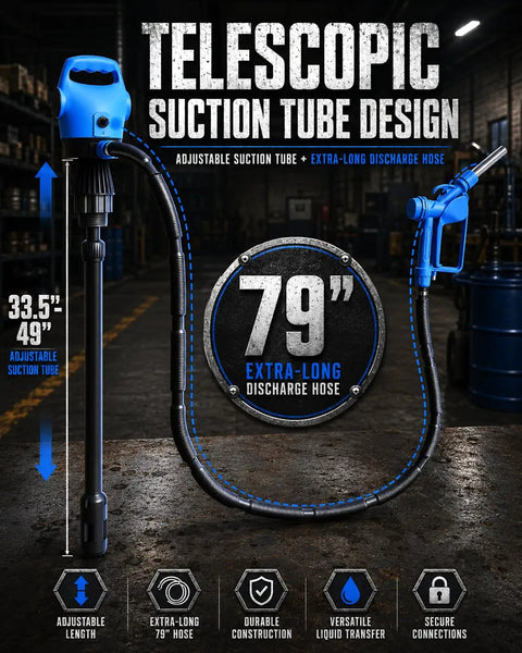 No Sweat Electric Drum Pump for 55 Gallon Barrels with dual 120V AC, 12V DC, telescopic suction tube, and 79 inch discharge hose.