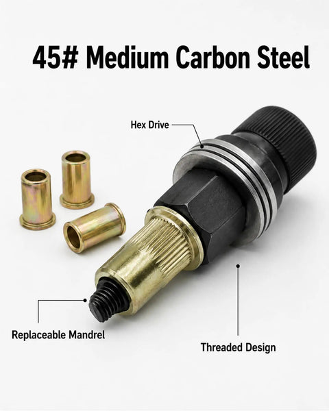 Rugged Heavy Duty Carbon Steel Rivet Nut Tool Kit With M3 M4 M5 M6 M8 M10 M12 Mandrels For Versatile Rivnut Installations, Operates By Hand Or Drill, Hex Head Design, Built Tough And Easy To Use For Automotive And DIY Projects, 45# steel mandrel