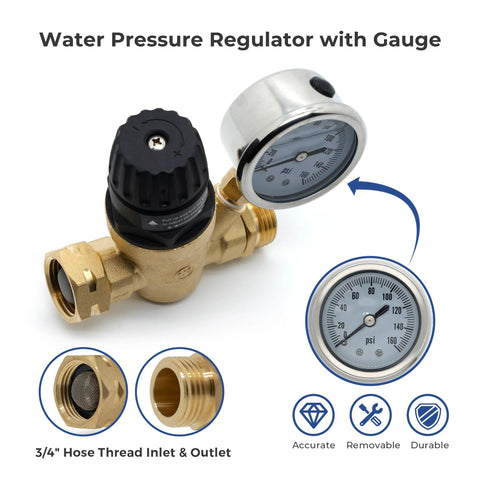adjustable RV water pressure regulator with gauge and 3/4 inch NH thread