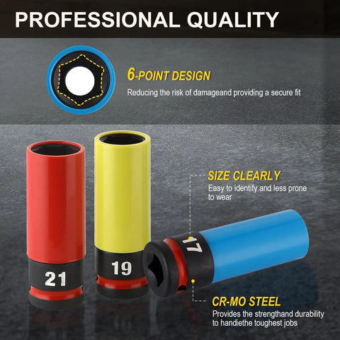 Heavy Duty 3 Piece Impact Lug Nut Socket Set Metric Sizes For Wheel Jobs Deep Drive Socket With CR-MO Build To Handle Any Tough Job, 17 19 21mm sockets