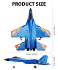 Top and side views of SU27 RC Airplane Ready To Fly Glider with 2.4 GHz Remote Control, EPP Foam Construction, size details included