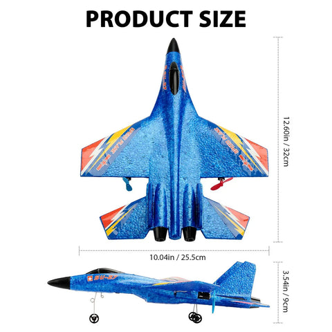 Top and side views of SU27 RC Airplane Ready To Fly Glider with 2.4 GHz Remote Control, EPP Foam Construction, size details included