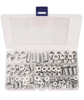 Solid Wood Threaded Nut Set With 125 Pieces Of Screw-In Inserts And Bushings for secure fastening in a transparent organizer case.
