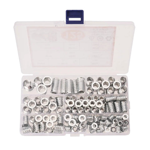 Solid Wood Threaded Nut Set With 125 Pieces Of Screw-In Inserts And Bushings for secure fastening in a transparent organizer case.
