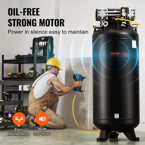 Quiet Badass 80 Gallon Air Compressor 6.5 HP Oil Free Tank cranks out 145 PSI in a workshop, emphasizing low noise operation.