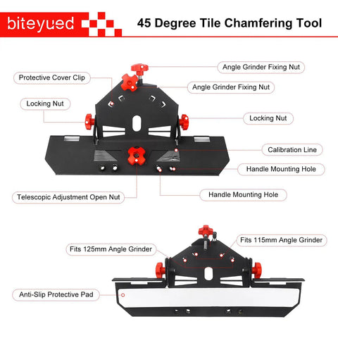 45 Degree Tile Chamfering Tool For 4.5 Inch And 5 Inch Angle Grinders with adjustable base plate, anti-slip pad, front view.