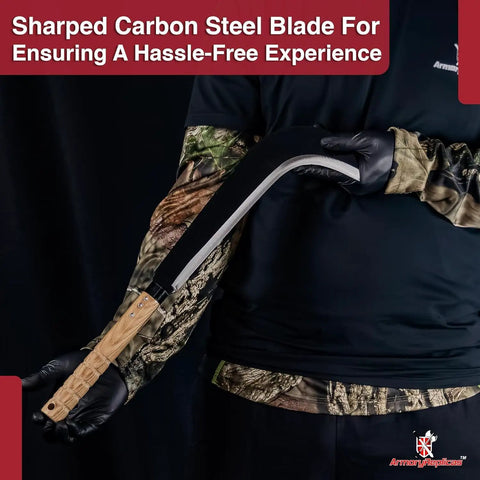 Curved Machete For Brush Busting And Outdoor Use Ready To Go Carbon Steel Blade No Sharpening Needed Sickle Knife handle view