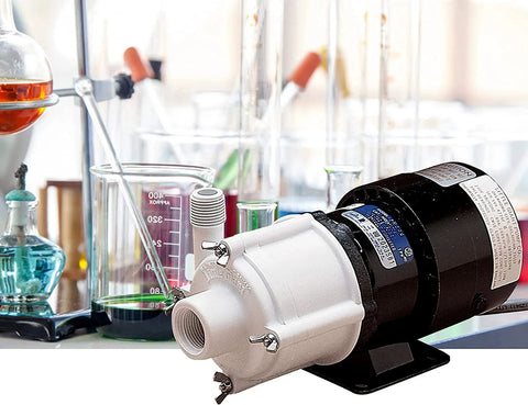 Side view of Little Giant 115V non-submersible magnetic-drive pump; black motor, silver pump head mounted on base.