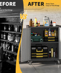 Before and after comparison of Heavy Duty Metal Garage Storage Cabinet on wheels with lockable door and adjustable shelves