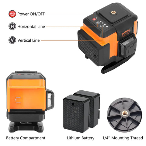Green Laser Level Self Leveling Tool With 12 Line Lasers showing power, horizontal and vertical line controls, battery compartment, and mounting thread.