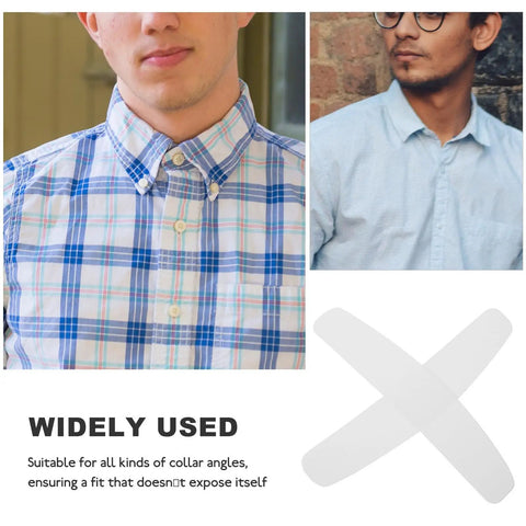 Two men in dress shirts demonstrating Heavy Duty Plastic Collar Stays To Lock Your Shirt Clean And Keep It Crisp All Day 10 Pack Unisex Suit Accessories.