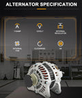 Alternator Replacement for Nissan Juke 1.6L 2012-2017 Plug and Play Direct Fit for Advance, Exclusive, Midnight, Nismo, and Nismo RS Models, OE Quality Power Output, Easy Install, Reliable Electrical System displayed with specification icons in workshop