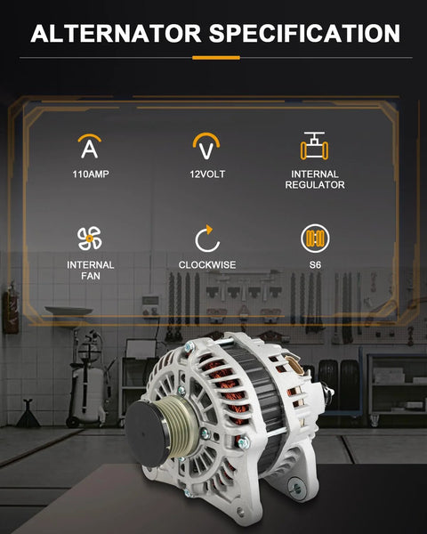 Alternator Replacement for Nissan Juke 1.6L 2012-2017 Plug and Play Direct Fit for Advance, Exclusive, Midnight, Nismo, and Nismo RS Models, OE Quality Power Output, Easy Install, Reliable Electrical System displayed with specification icons in workshop