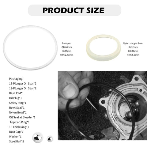 Diagram showing 16 Piece Floor Jack Sealing Kit With O Rings And Oil Filler Plug, nylon bowls' dimensions and components in use