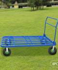 Blue cart with 10 inch pneumatic casters set of 4 heavy duty rubber wheels with 2 swivel and 2 rigid for smooth mobility.