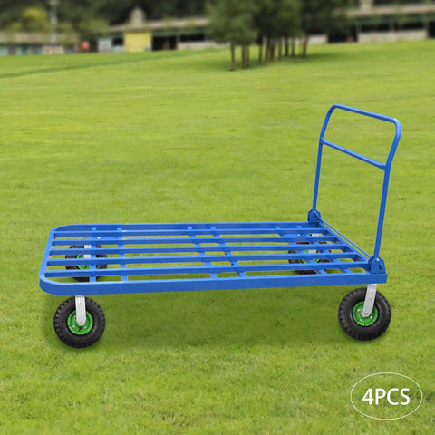 10 Inch Pneumatic Casters Set Of 4 Featuring Swivel And Rigid Brackets, Heavy Duty Rubber Wheels Built Tough As Nails on a blue cart.