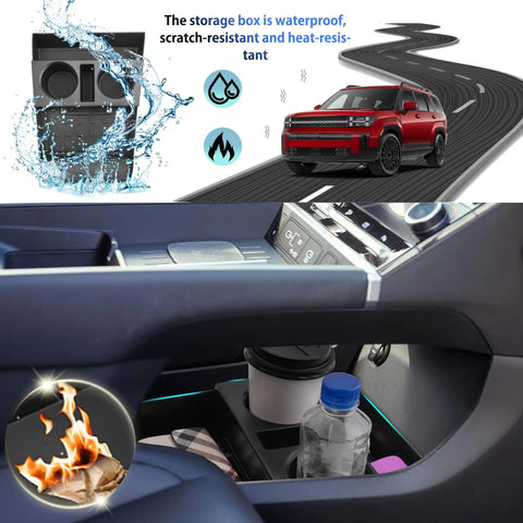 Hyundai Santa Fe Under Console Organizer Tray For 2024 To 2026 Models showing waterproof and heat-resistant features