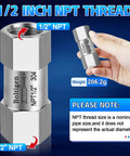 1/2 inch stainless steel spring check valve with NPT thread, ideal for industrial piping, shown with weight and size details.