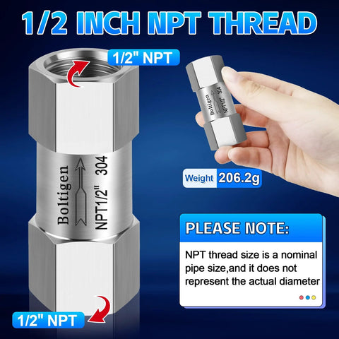 1/2 inch stainless steel spring check valve with NPT thread, ideal for industrial piping, shown with weight and size details.