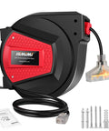 Retractable Extension Cord Reel 50 Feet 14 AWG 3 Conductor Power Cord For Garage And Workshop Wall Or Ceiling Mount Three Outlets