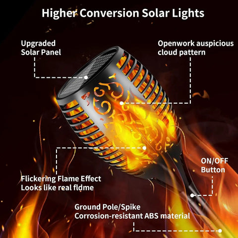 Outdoor Solar Torch Lights With Dancing Flame 99 LED 43 Inch Waterproof showing flickering flame effect and solar panel.