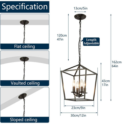 Diagram showing Four Light Black Farmhouse Chandelier With Industrial Metal Cage Adjustable Height Rustic Hanging Light dimensions on flat, vaulted, and sloped ceilings.