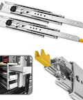 Heavy Duty Drawer Slides Full Extension Runners Side Mounted Double Row Steel Ball Bearings Lock In Lock Out Smooth As Butter Cabinet Hardware, showcasing slider tracks and yellow lock mechanisms.
