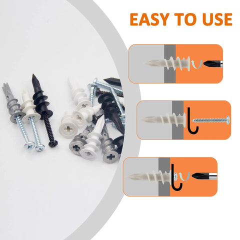 Image of 250 Piece Drywall Anchors And Screws Kit Nylon And Zinc Self Drilling Wall Anchors showing ease of use steps.