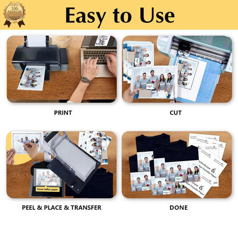 Step-by-step use of Iron On Heat Transfer Paper For Heat Press, Printable HTV For Inkjet Printers, 25 Sheets 8.5x11 Dark 6.0