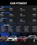 Car fitment chart for Chevrolet Tahoe 1998-2000, Cadillac Escalade 1999-2000, GMC Yukon 1998-2000 with V8 5.7L engines.