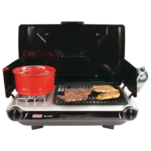 2-In-1 Tabletop Camping Grill And Stove With Two Burners, 20,000 BTUs, adjustable burners, grilling meat, red pot on stove